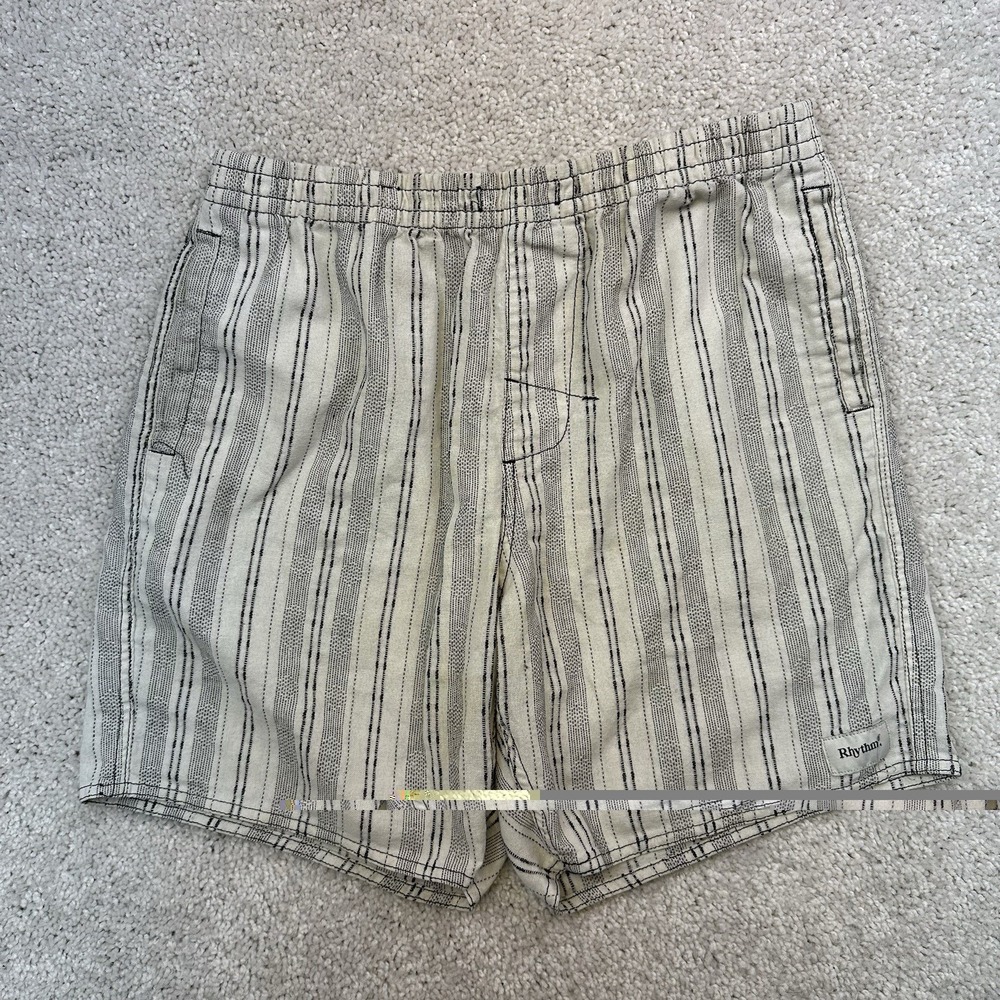 Rhythm Classics Linen Blend Shorts Mens 32 White Striped Elastic Waist Casual
